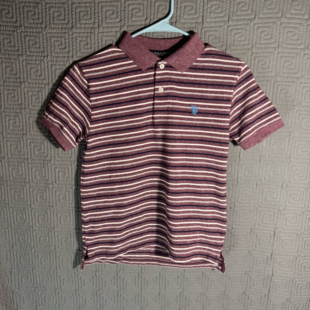 US Polo Assn. Collard Shirt Boys Size L 14/16 Striped Maroon Short Sleeve